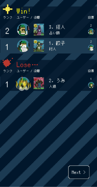 ワンナイト人狼オンライン 結果画面